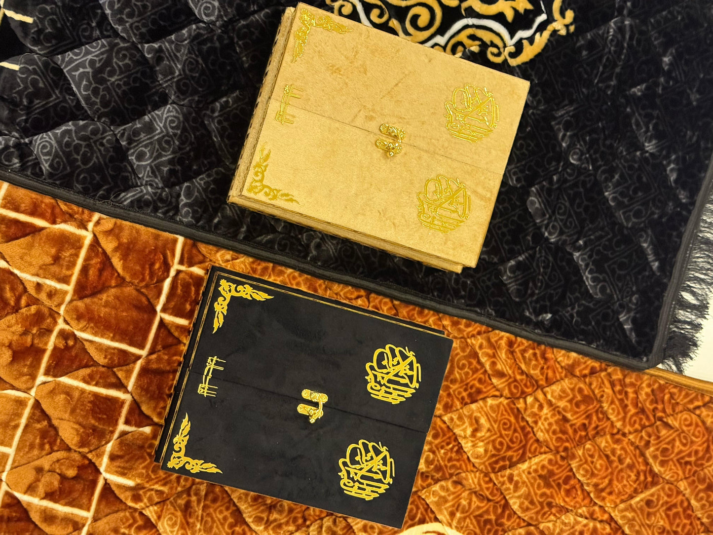 Al Kitab Black Velvet Standing Quran Set ,Standing Rahl Box , Velvet Quran , Counter Tasbeeh ,Matching Tabsbeeh , Bookmark , Matching Janamz , Customise Name