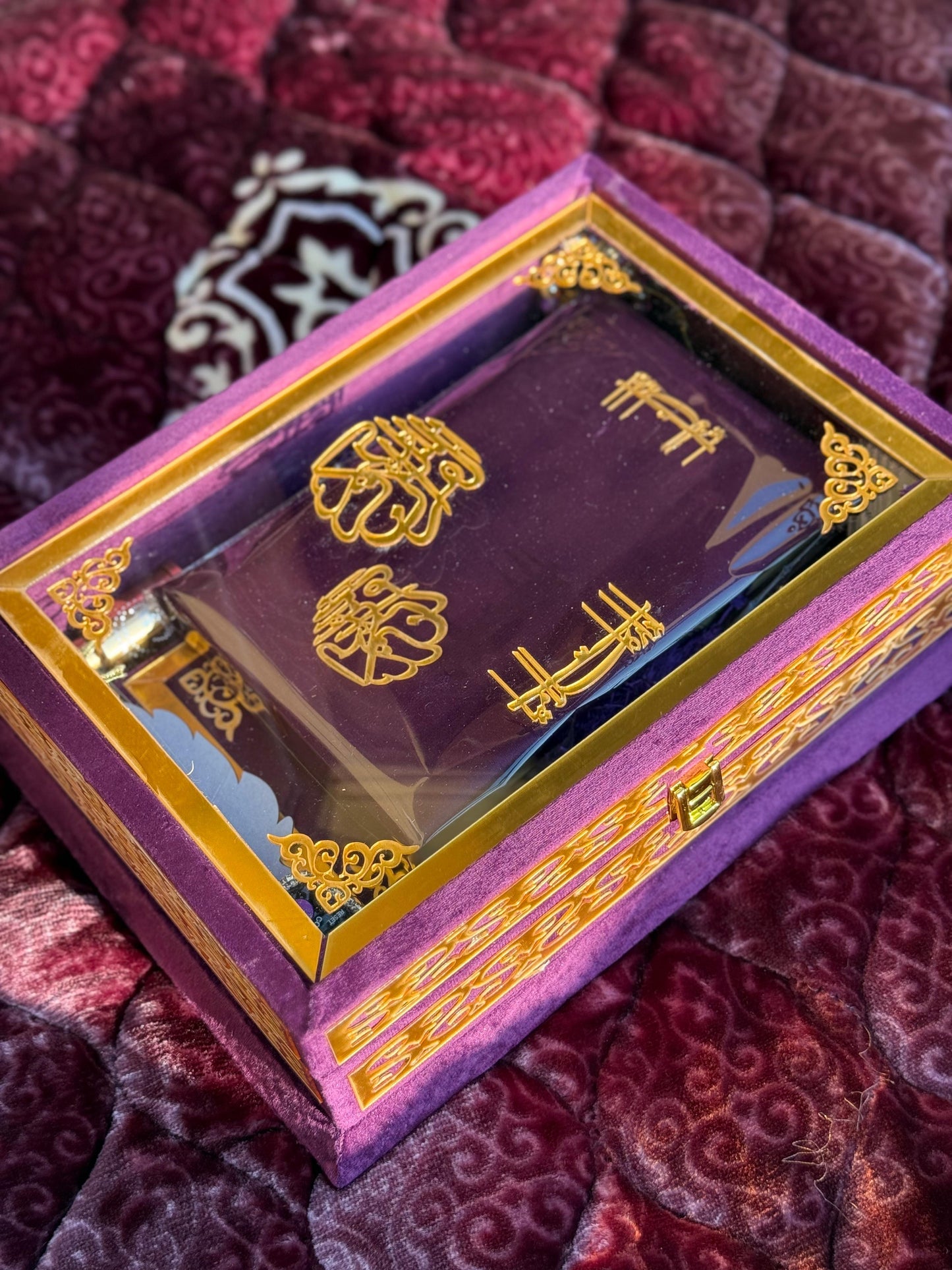 Ziwaj Purple Transparent Set ,Velvet Rahal, Velvet Box , Ittar , Tasbeeh , Counter , Prayer Mat
