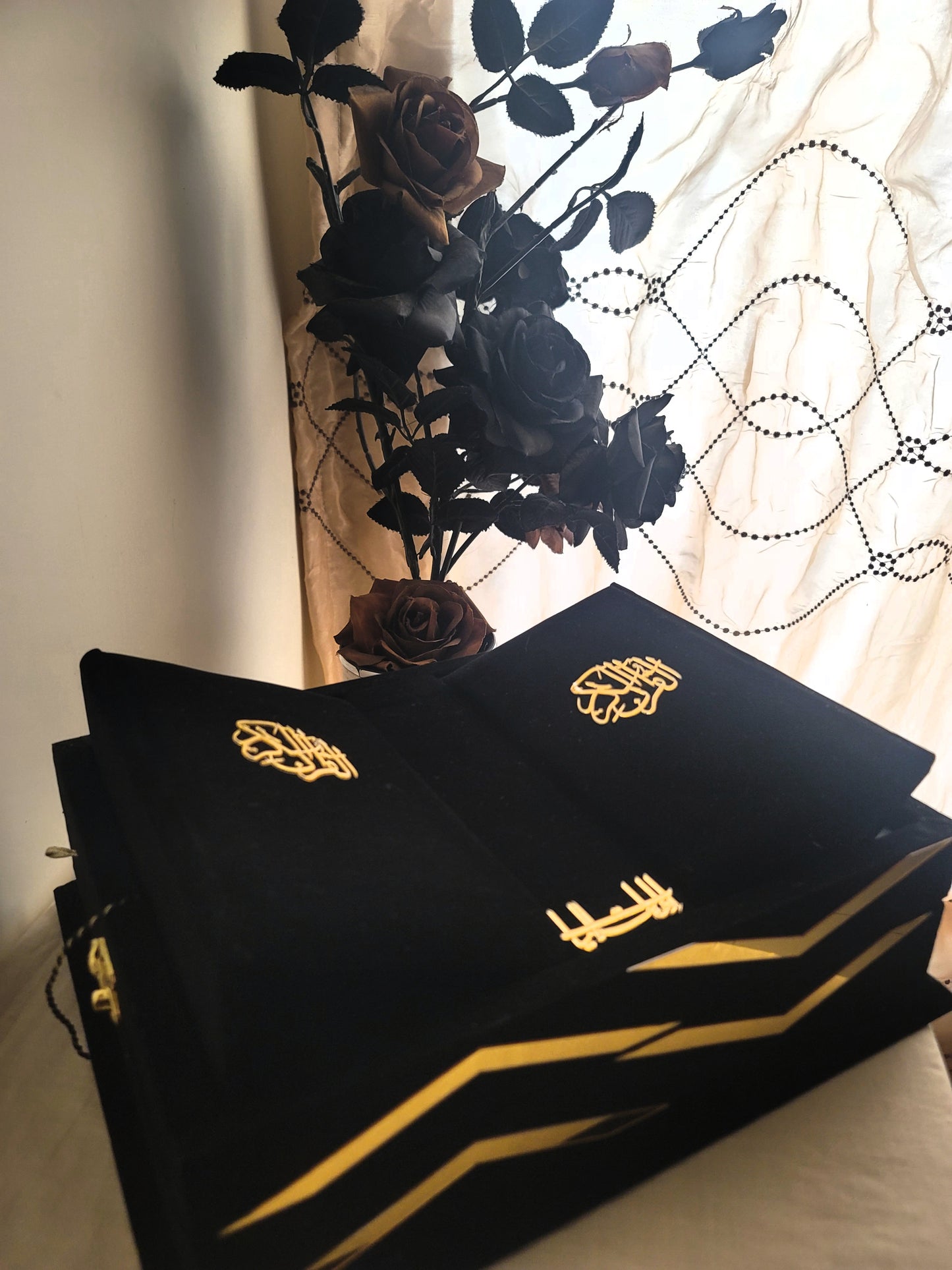Black Velvet Quran Set (Tasbeeh , Ittar , Velvet Rahal Box , Velvet Quran)