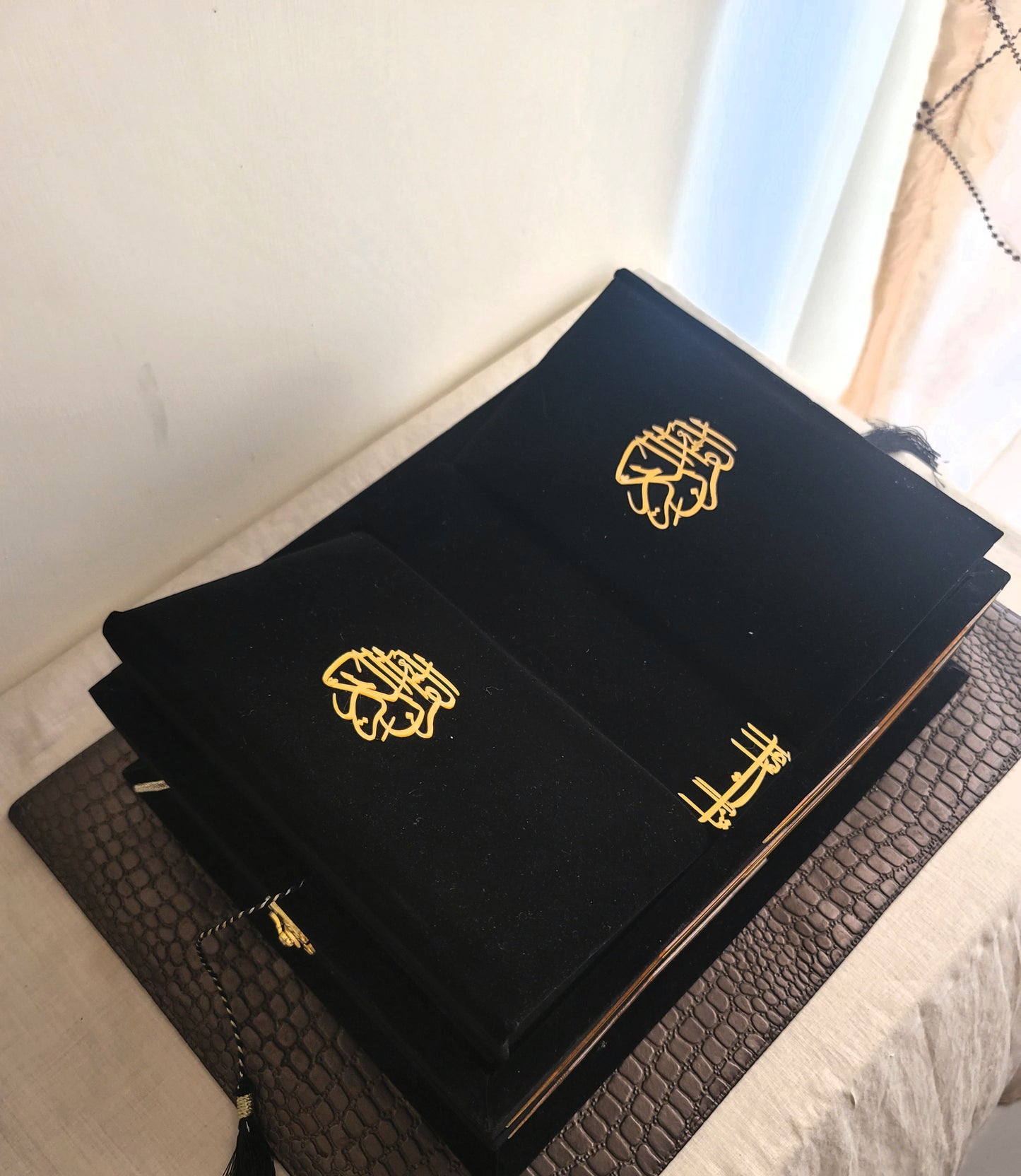 Black Velvet Quran Set (Tasbeeh , Ittar , Velvet Rahal Box , Velvet Quran)