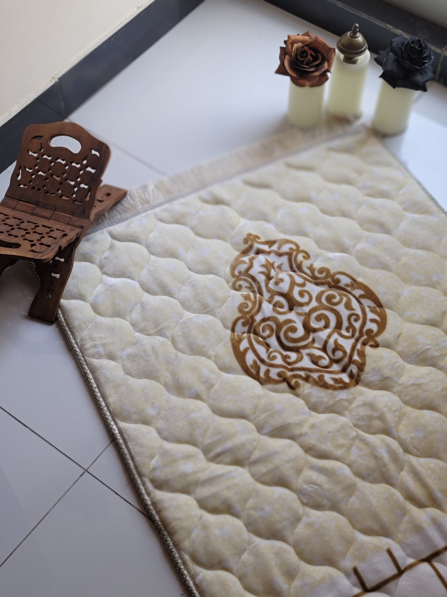 White Pearl Bridal Velvet Quran Set with Ittar Tasbeeh Janamz