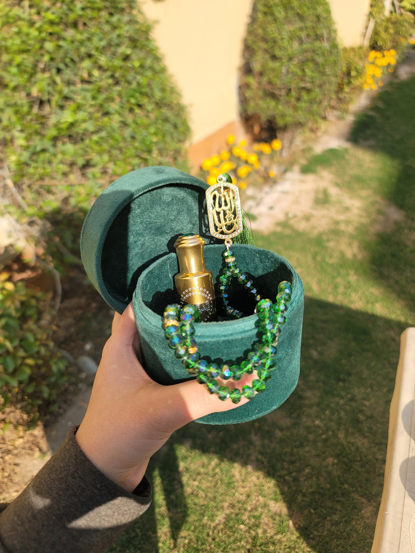 Velvet Tasbeeh box with ittar and Gold Plated Tasbeeh along with fancy counter