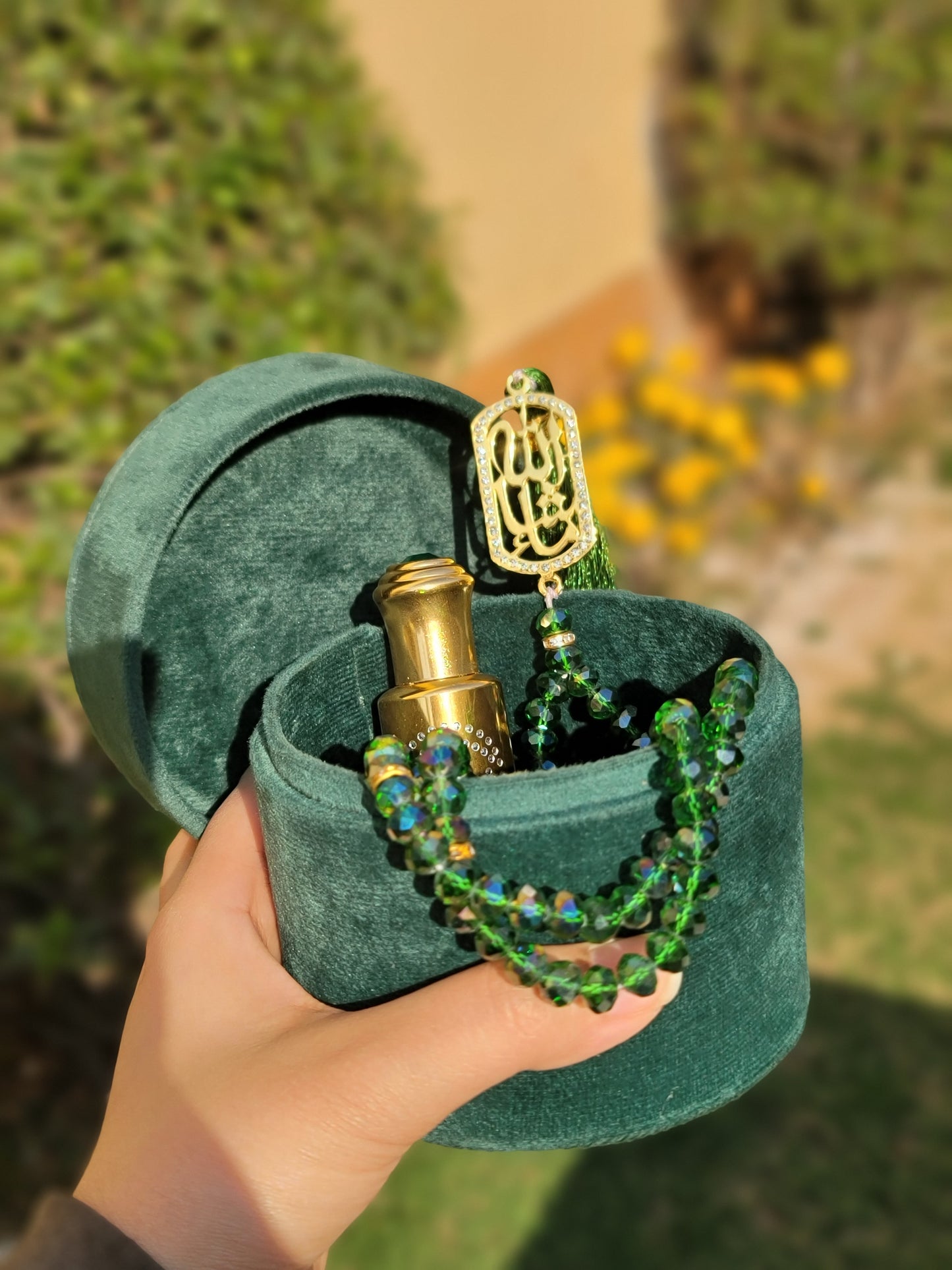 Velvet Tasbeeh box with ittar and Gold Plated Tasbeeh along with fancy counter