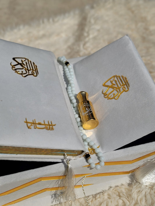 White Pearl Velvet Quran Set (Tasbeeh , Ittar , Velvet Rahal Box , Velvet Quran)