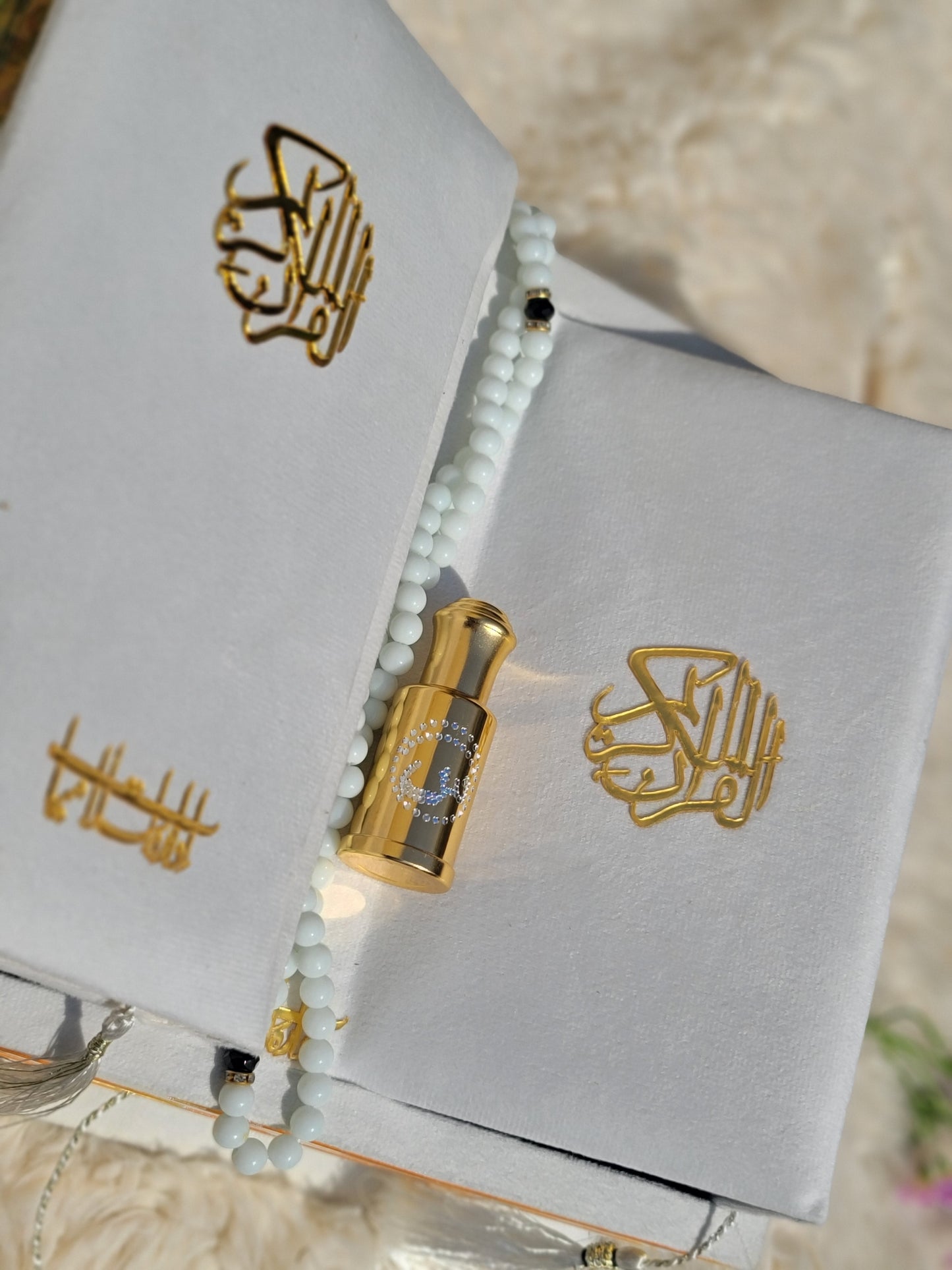 White Pearl Bridal Velvet Quran Set with Ittar Tasbeeh Janamz