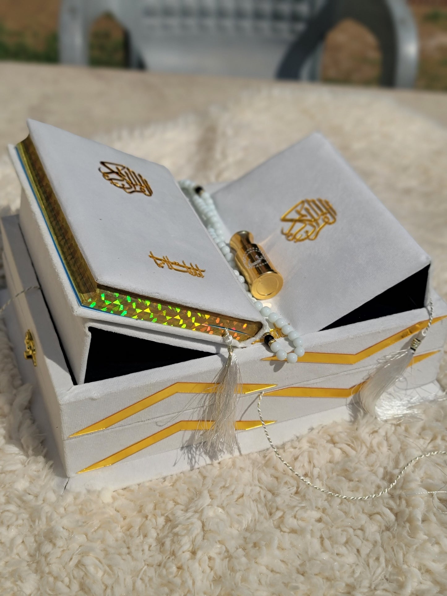White Pearl Bridal Velvet Quran Set with Ittar Tasbeeh Janamz