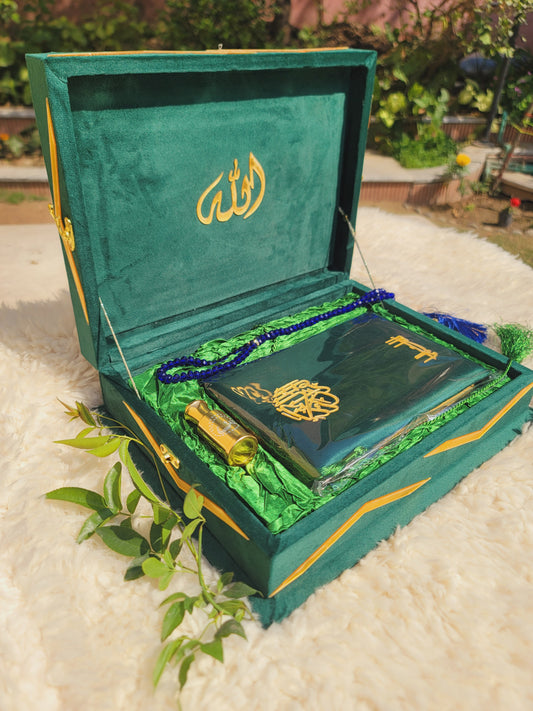 Green Meadown Bridal Velvet Quran Set with Green Quilted Foam Janamaz (Velvet Quran , velvet Rahal Box , Ittar , tasbeeh , Janamz , carton box , Plastic Gift Bag)