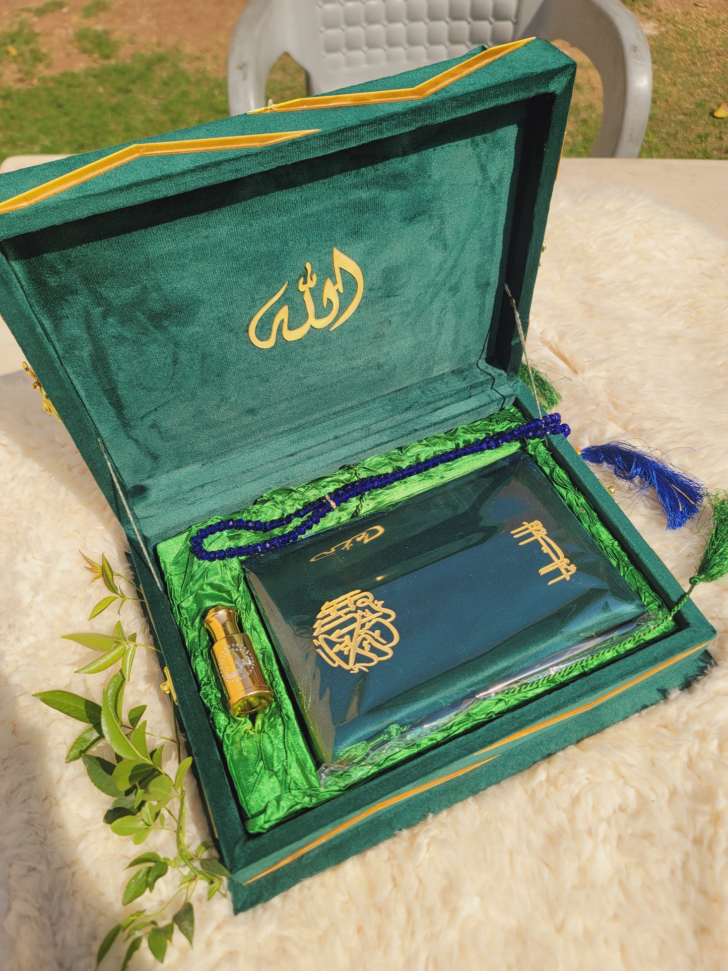 Green Meadow Bridal Velvet Quran Set with Green Quilted Foam Janamaz (Velvet Quran , velvet Rahal Box , Ittar , tasbeeh , Janamz , carton box , Plastic Gift Bag)
