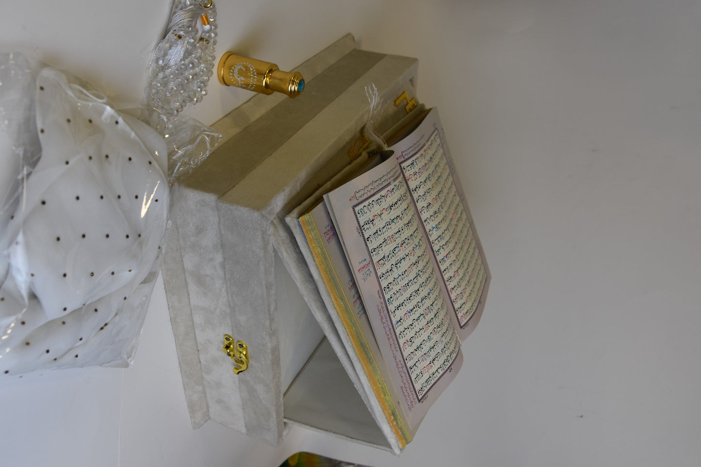 Pearl White Tazkira Quran Set (Ittar , Scarf Gold Plated Tasbeeh, Janamz)