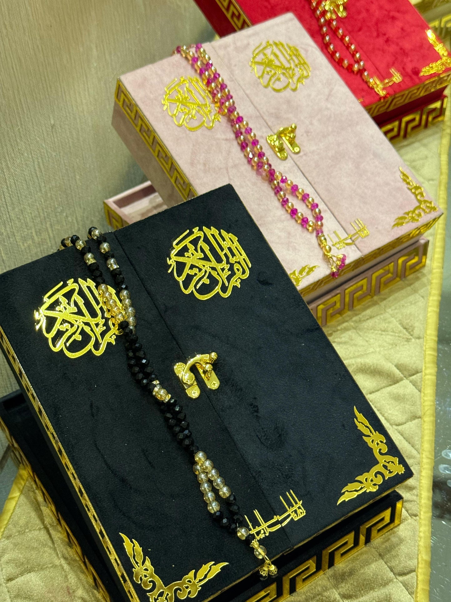 Al Kitab Black Velvet Standing Quran Set ,Standing Rahl Box , Velvet Quran , Counter Tasbeeh ,Matching Tabsbeeh , Bookmark , Matching Janamz , Customise Name
