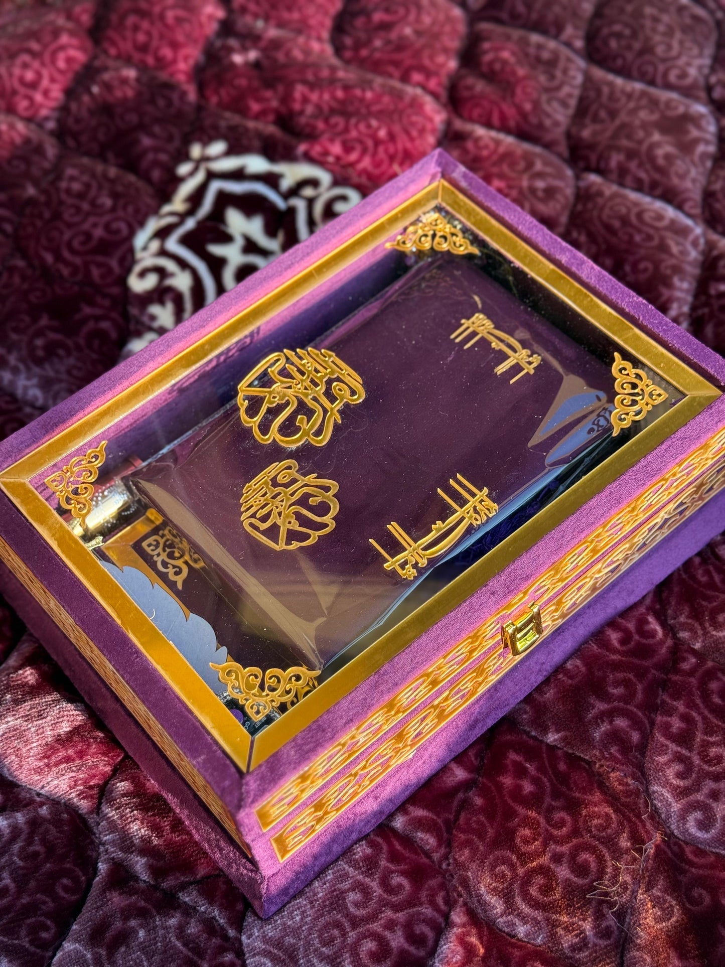 Ziwaj Purple Transparent Set ,Velvet Rahal, Velvet Box , Ittar , Tasbeeh , Counter , Prayer Mat