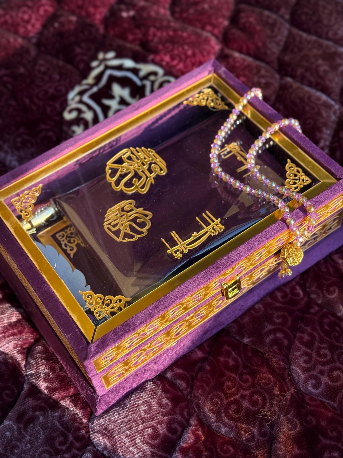Ziwaj Purple Transparent Set ,Velvet Rahal, Velvet Box , Ittar , Tasbeeh , Counter , Prayer Mat