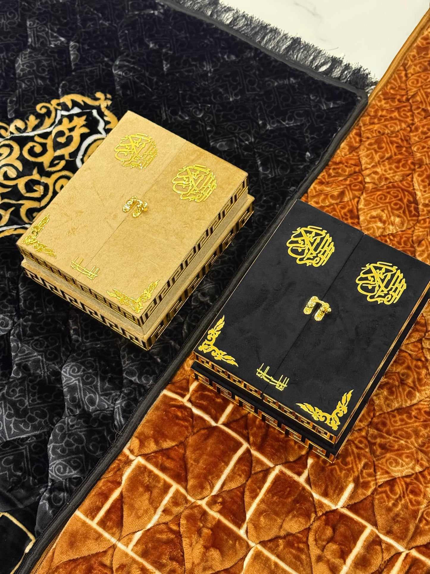 Al Kitab Black Velvet Standing Quran Set ,Standing Rahl Box , Velvet Quran , Counter Tasbeeh ,Matching Tabsbeeh , Bookmark , Matching Janamz , Customise Name