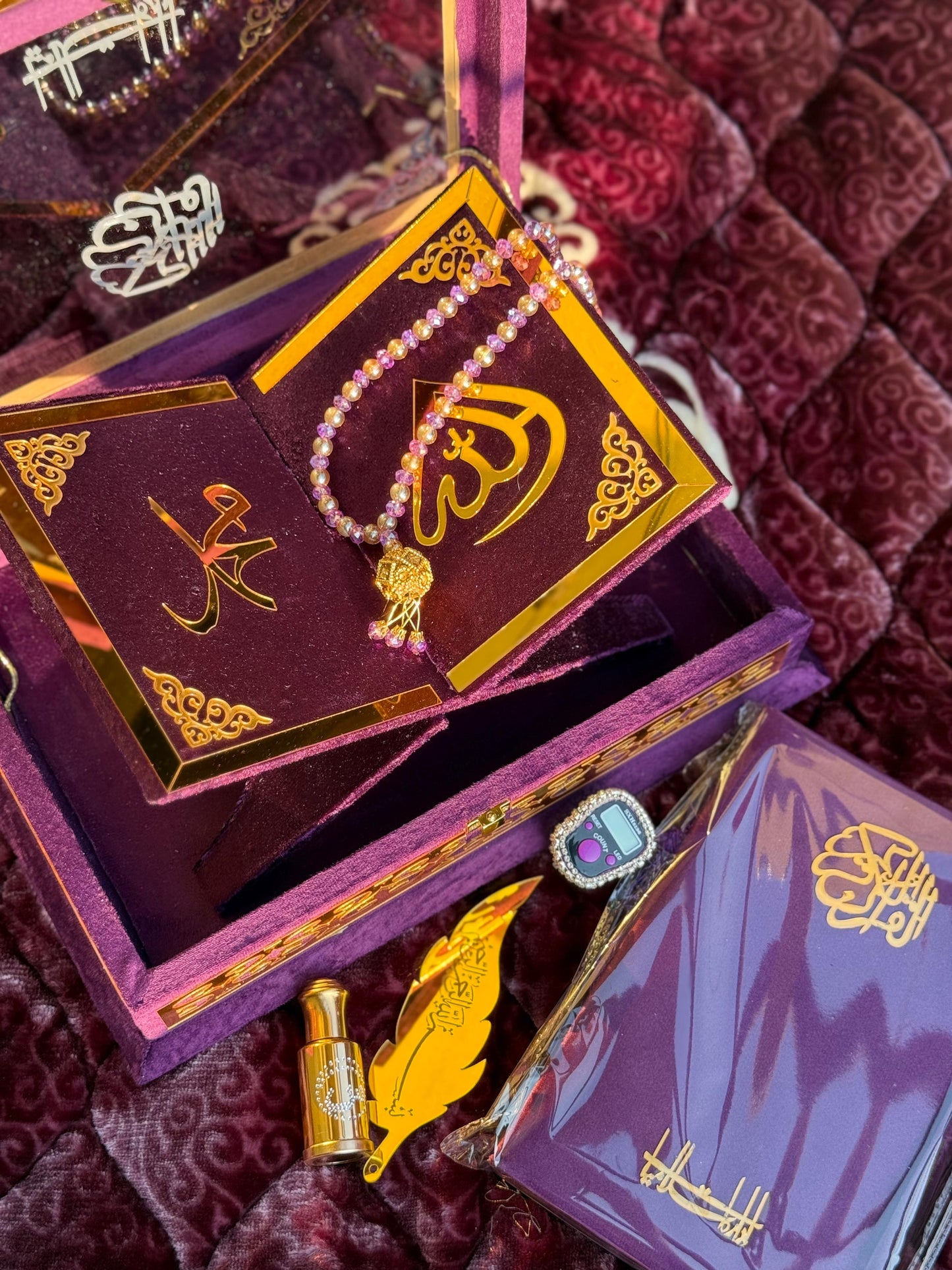 Ziwaj Purple Transparent Set ,Velvet Rahal, Velvet Box , Ittar , Tasbeeh , Counter , Prayer Mat
