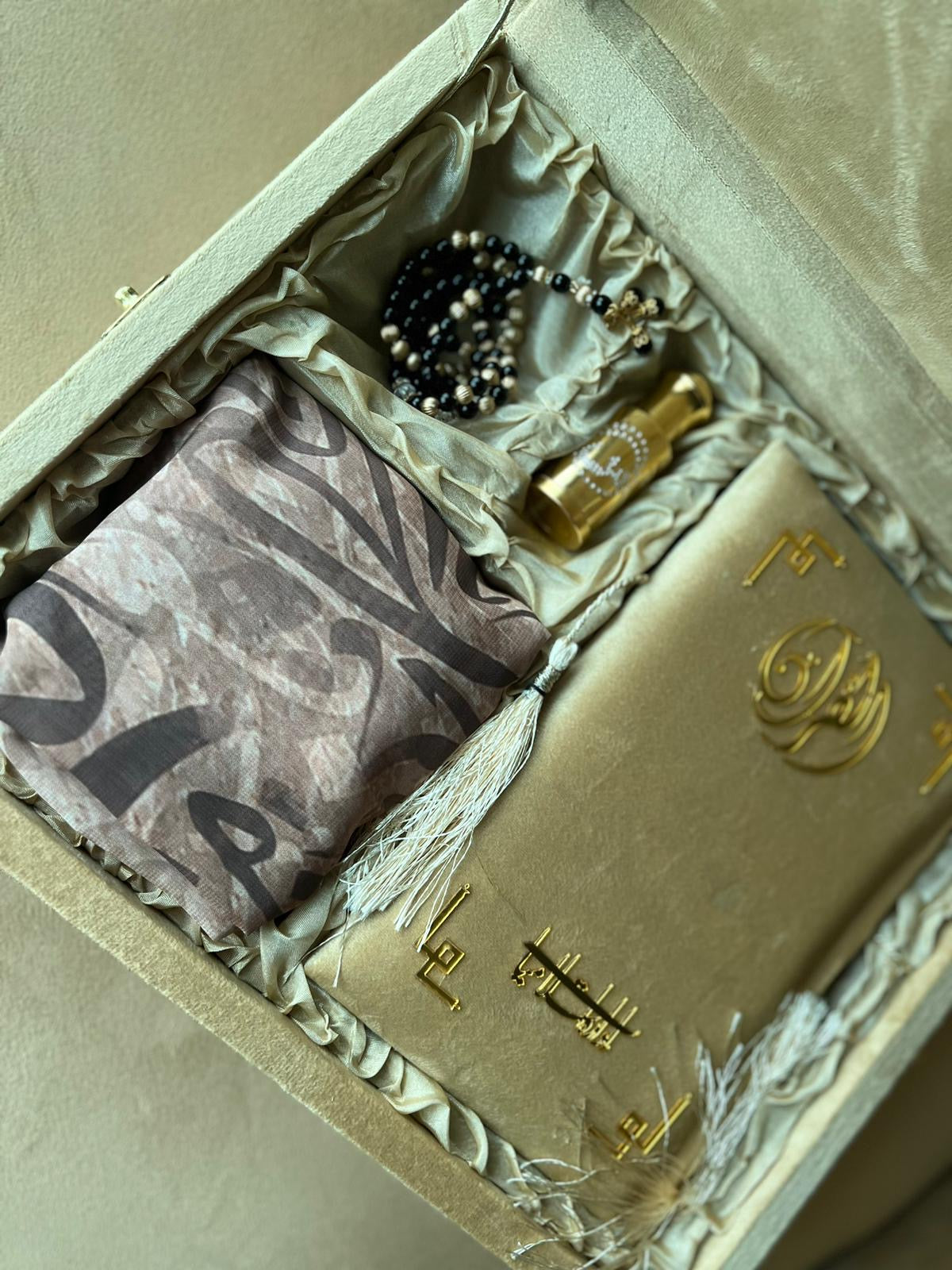 Tazkira Golden Quran Set with Matching Scarf , Gold Plated Tasbeeh , Ittar oud , Velvet Quran , Rahal Box Inclined and Prayer Mat