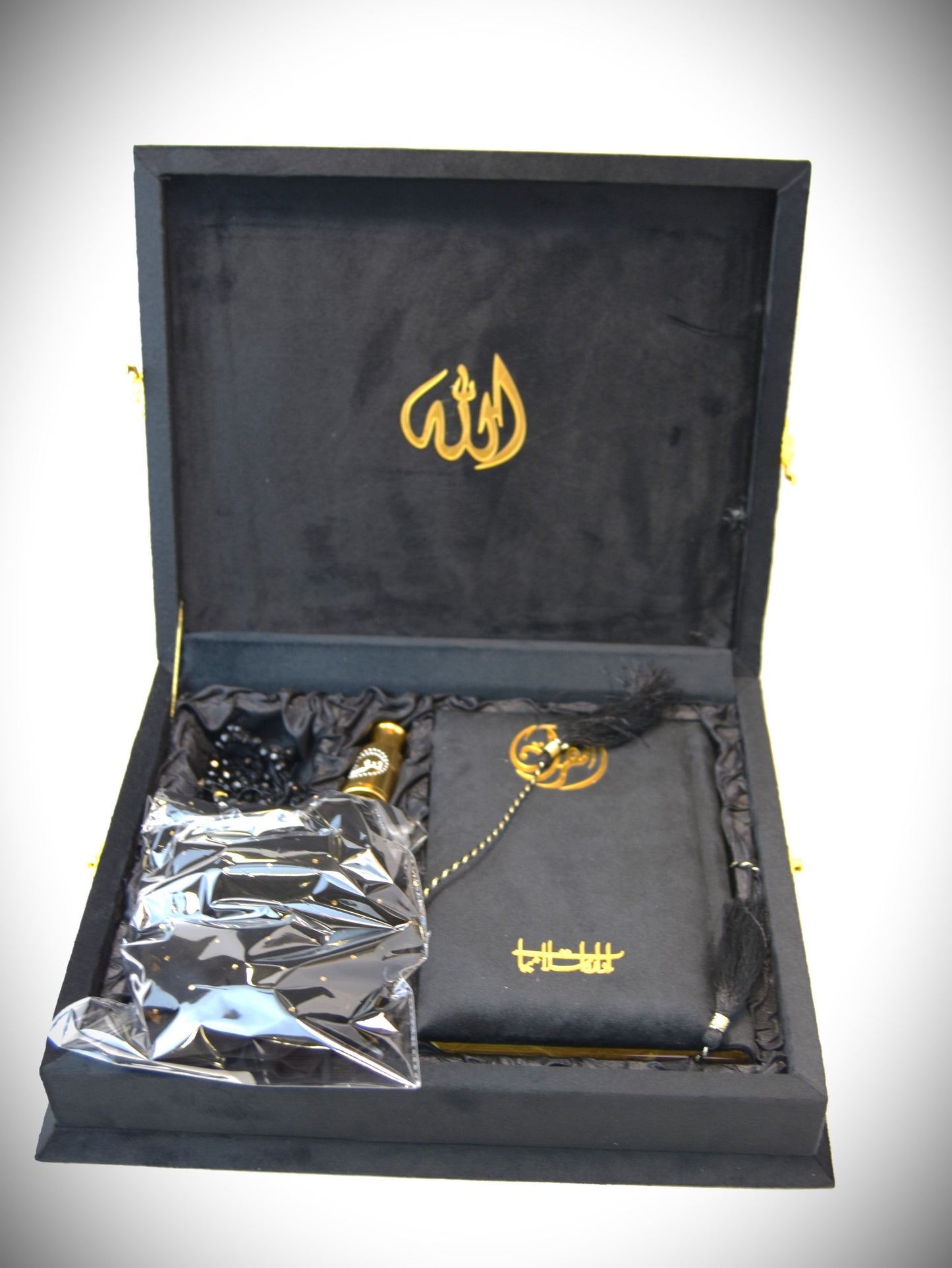 Black Velvet Tazkira Quran Set (Ittar , customise Tasbeeh Gold plated , scarf , Prayer Mat)