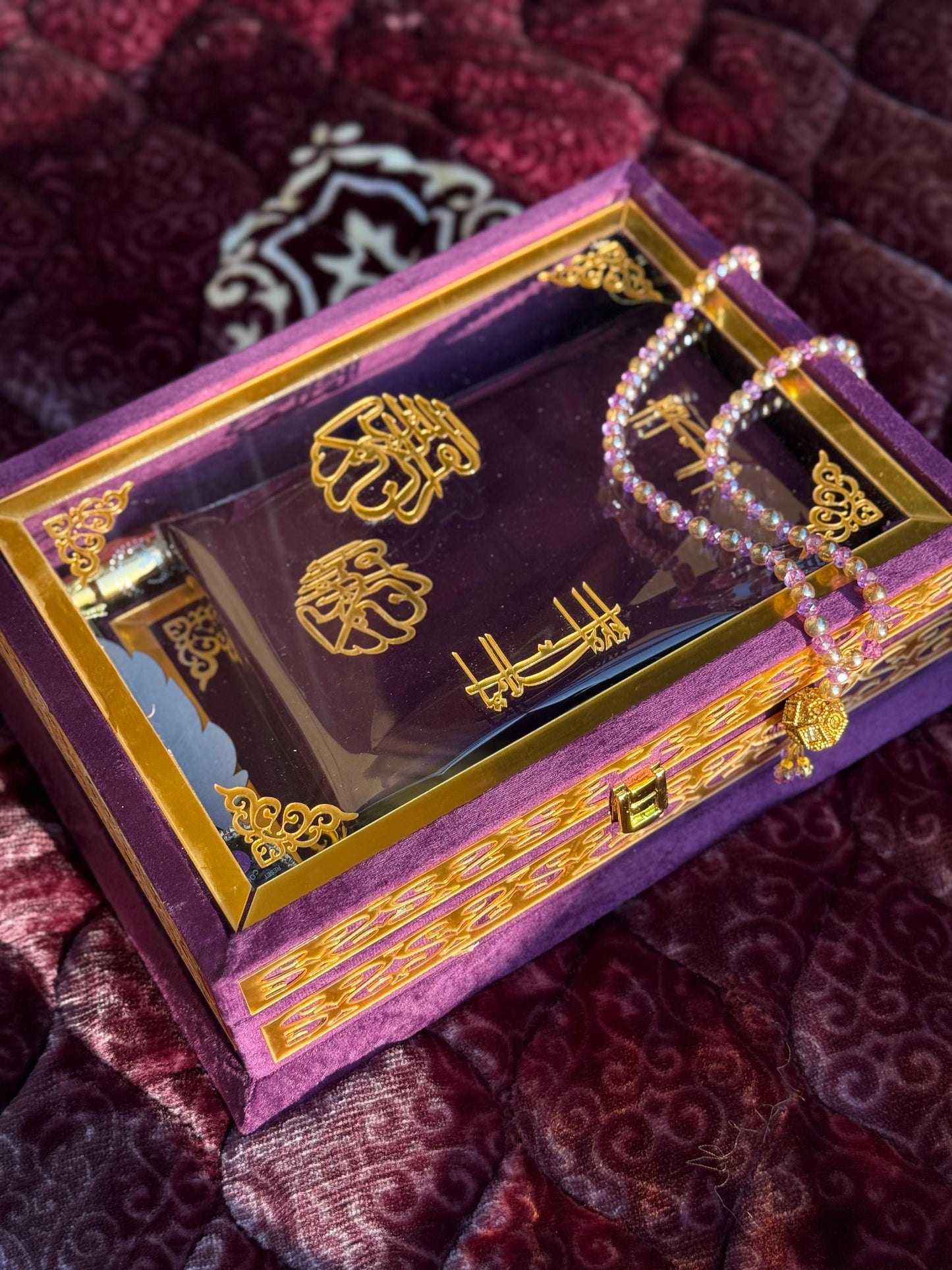 Ziwaj Purple Transparent Set ,Velvet Rahal, Velvet Box , Ittar , Tasbeeh , Counter , Prayer Mat