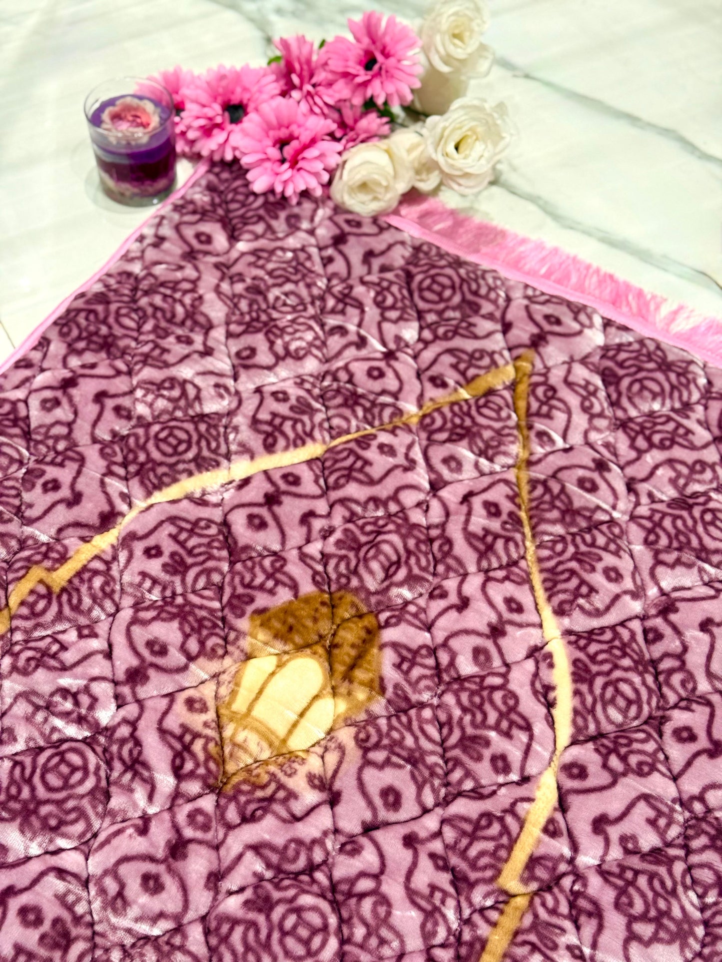 Pink floral jaynamaz - prayer Mate with a motive design online available at Idara-e-Islamiat, displayed for daily Muslim prayers.