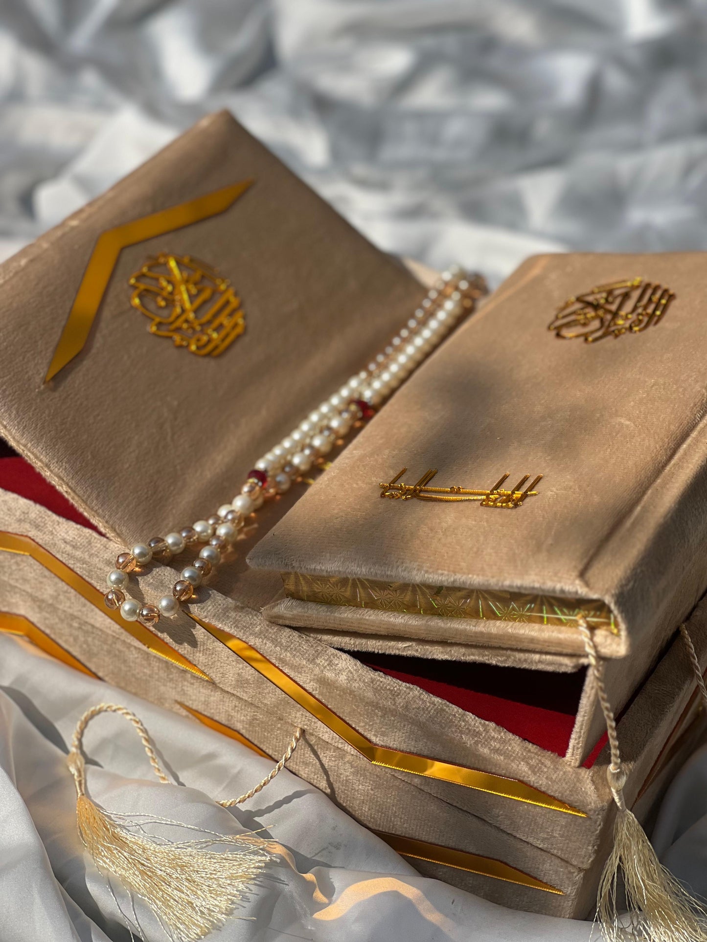 Golden Velvet Bridal Quran Set ( Ittar , Tasbeeh , Rahal box , Velvet Quran)