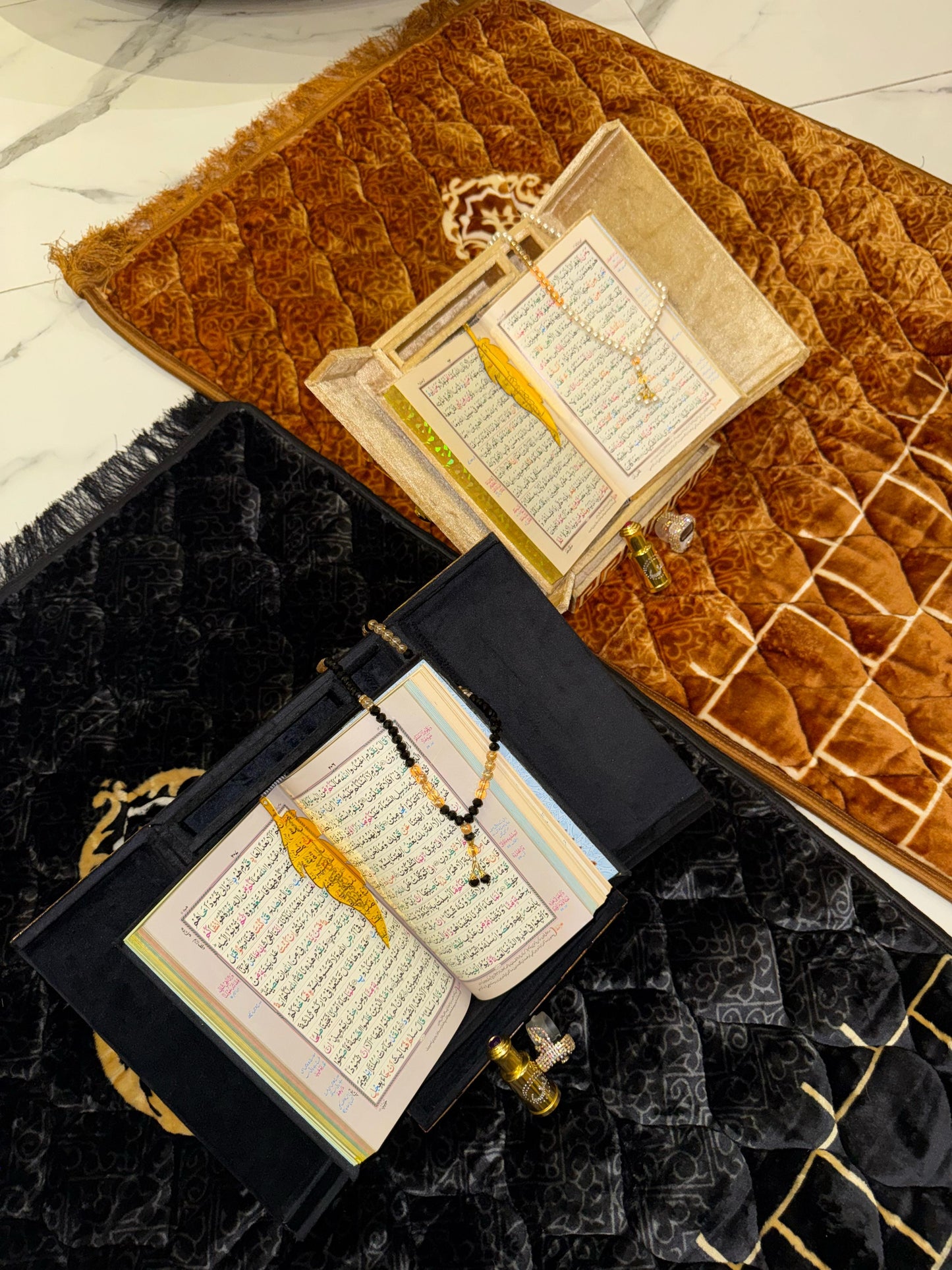 Al Kitab Black Velvet Standing Quran Set ,Standing Rahl Box , Velvet Quran , Counter Tasbeeh ,Matching Tabsbeeh , Bookmark , Matching Janamz , Customise Name