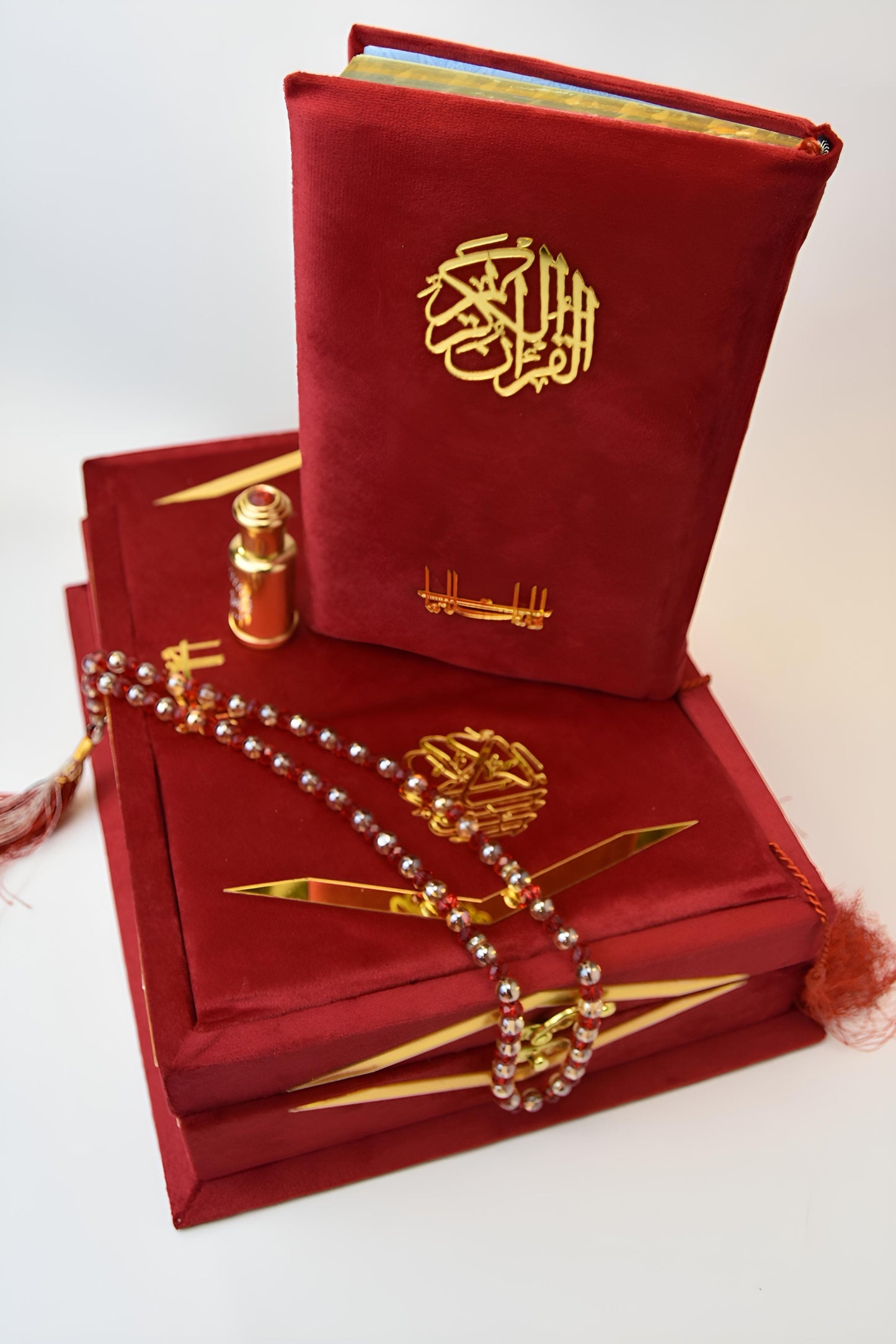 Ruby Red Velvet Quran Set (Tasbeeh , Ittar , Velvet Rahal Box , Velvet Quran)