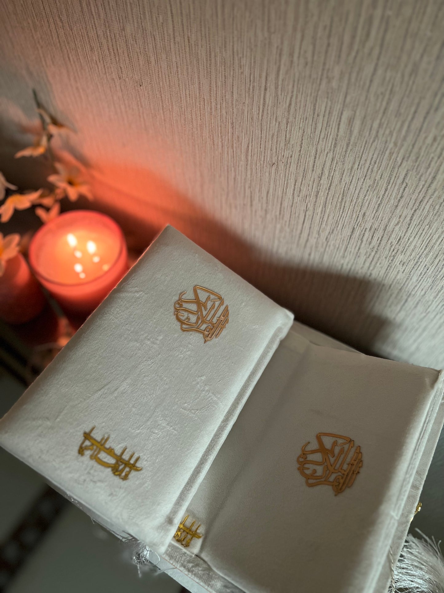 White Pearl Bridal Velvet Quran Set with Ittar Tasbeeh Janamz