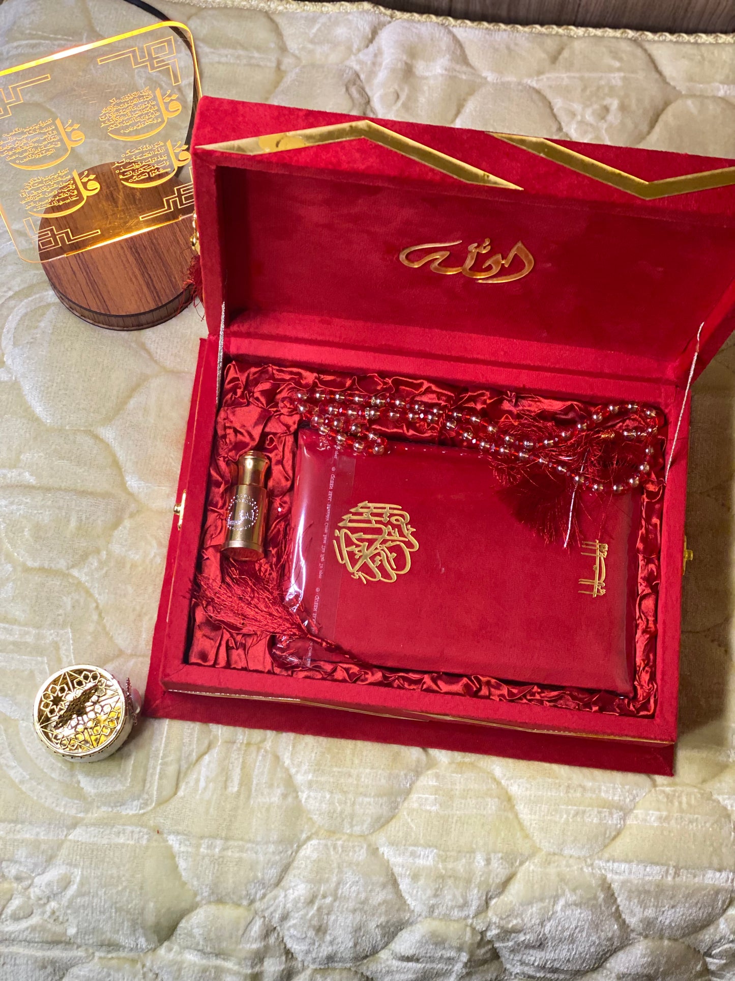 Ruby Red Velvet Quran Set (Tasbeeh , Ittar , Velvet Rahal Box , Velvet Quran)