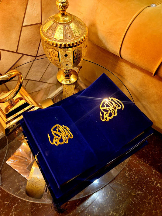 Blue Navy Velvet Quran Set (Tasbeeh , Ittar , Velvet Rahal Box , Velvet Quran)