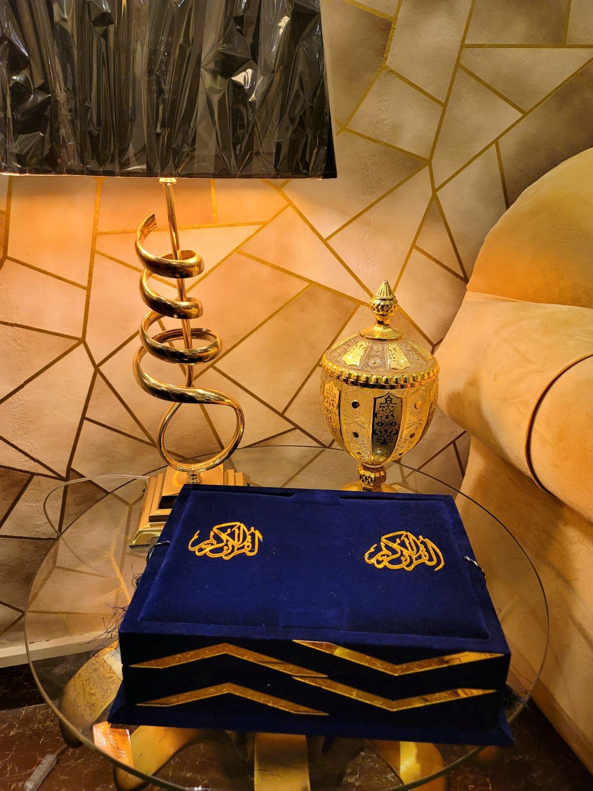 Blue Navy Velvet Quran Set (Tasbeeh , Ittar , Velvet Rahal Box , Velvet Quran)