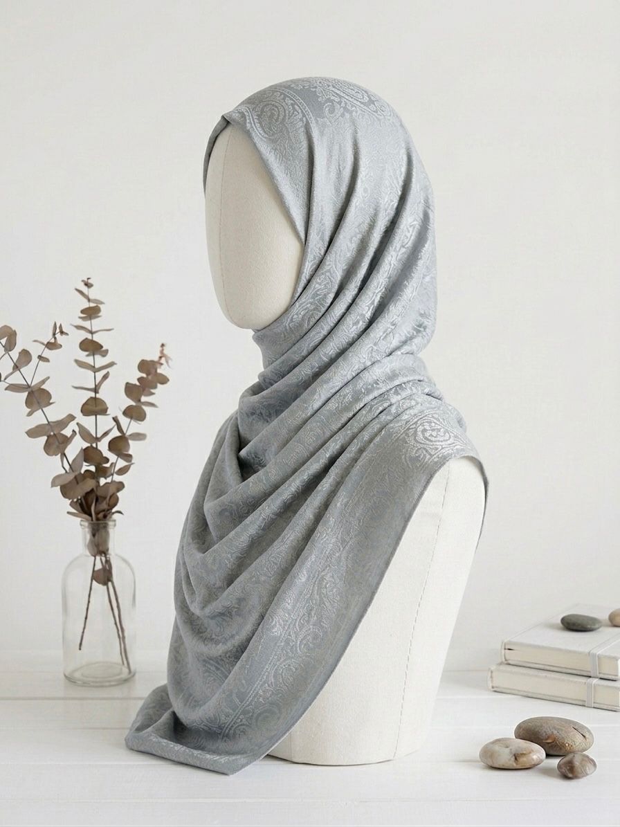Fancy Self-Print Party Wear Scarf - Islamic Hijab | Light Grey