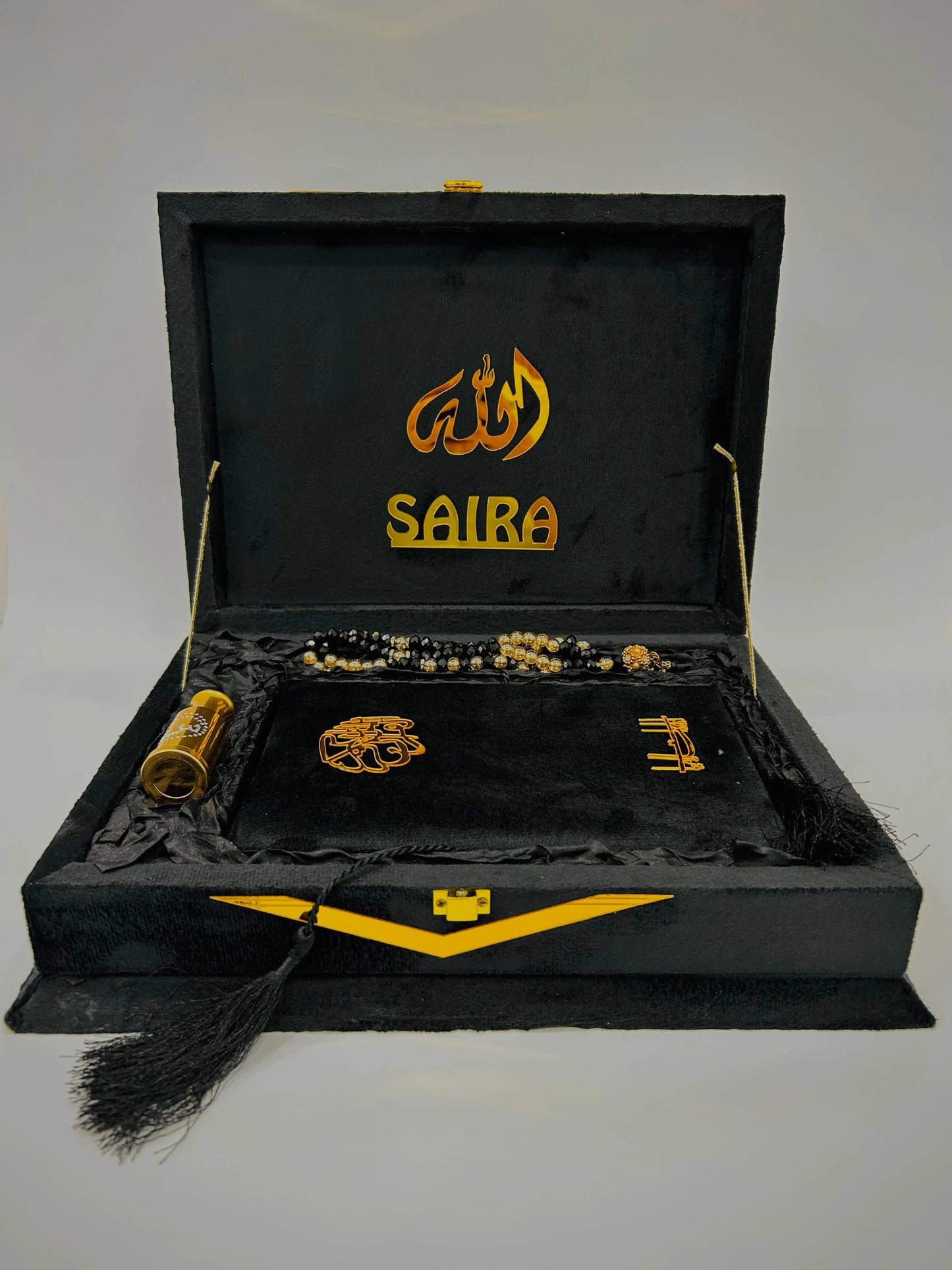 Black Velvet Tazkira Quran Set (Ittar , customise Tasbeeh Gold plated , scarf , Prayer Mat)