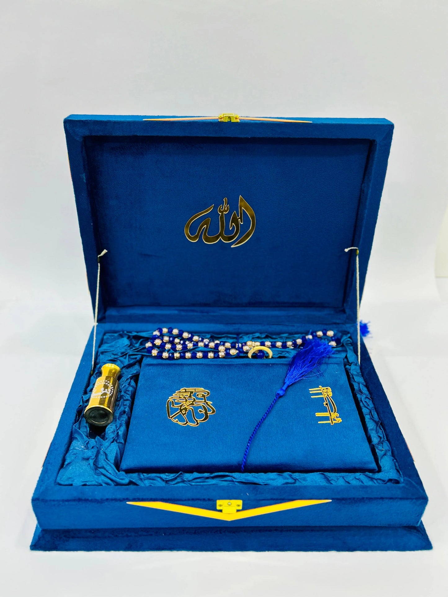 Blue Velvet Bridal Quran Set (Ittar , Tasbeeh , Rahal Box , Velvet Quran , Velvet prayer mat)