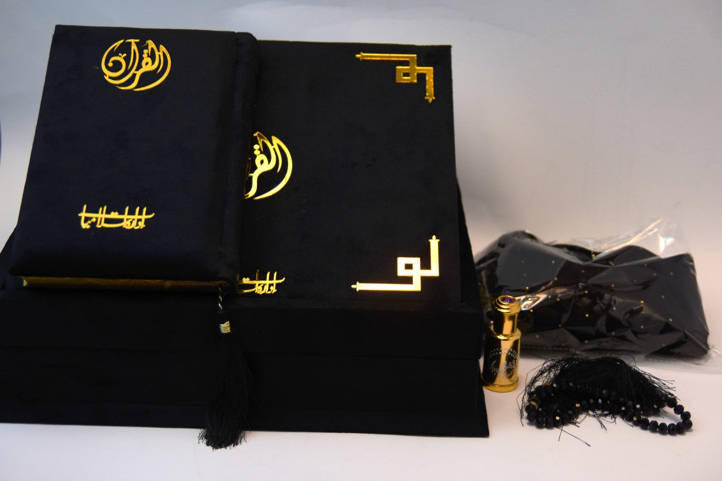 Black Velvet Tazkira Quran Set (Ittar , customise Tasbeeh Gold plated , scarf , Prayer Mat)