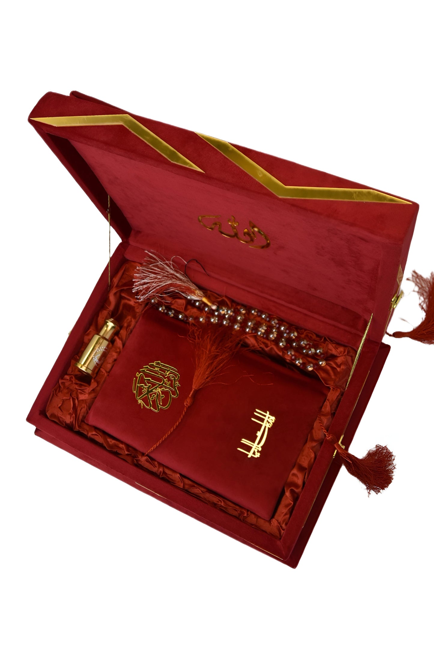 Ruby Red Velvet Quran Set (Tasbeeh , Ittar , Velvet Rahal Box , Velvet Quran)