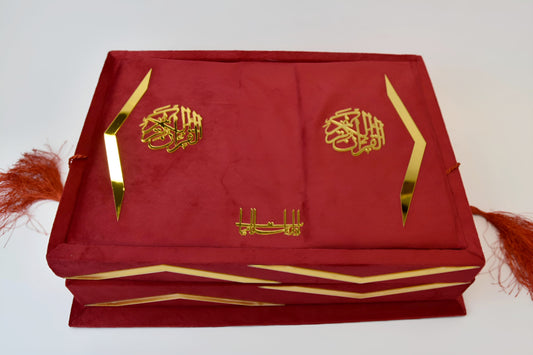 Bridal Red Velvet Translation Quran Set with Tafseer (Ittar ,Tasbeeh , Rahal Box Velvet , Quran , Prayer Mat)