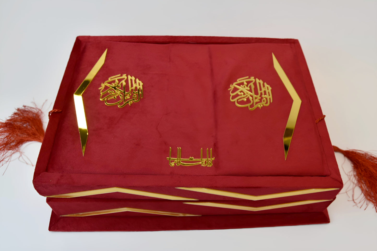 Ruby Red Velvet Quran Set (Tasbeeh , Ittar , Velvet Rahal Box , Velvet Quran)