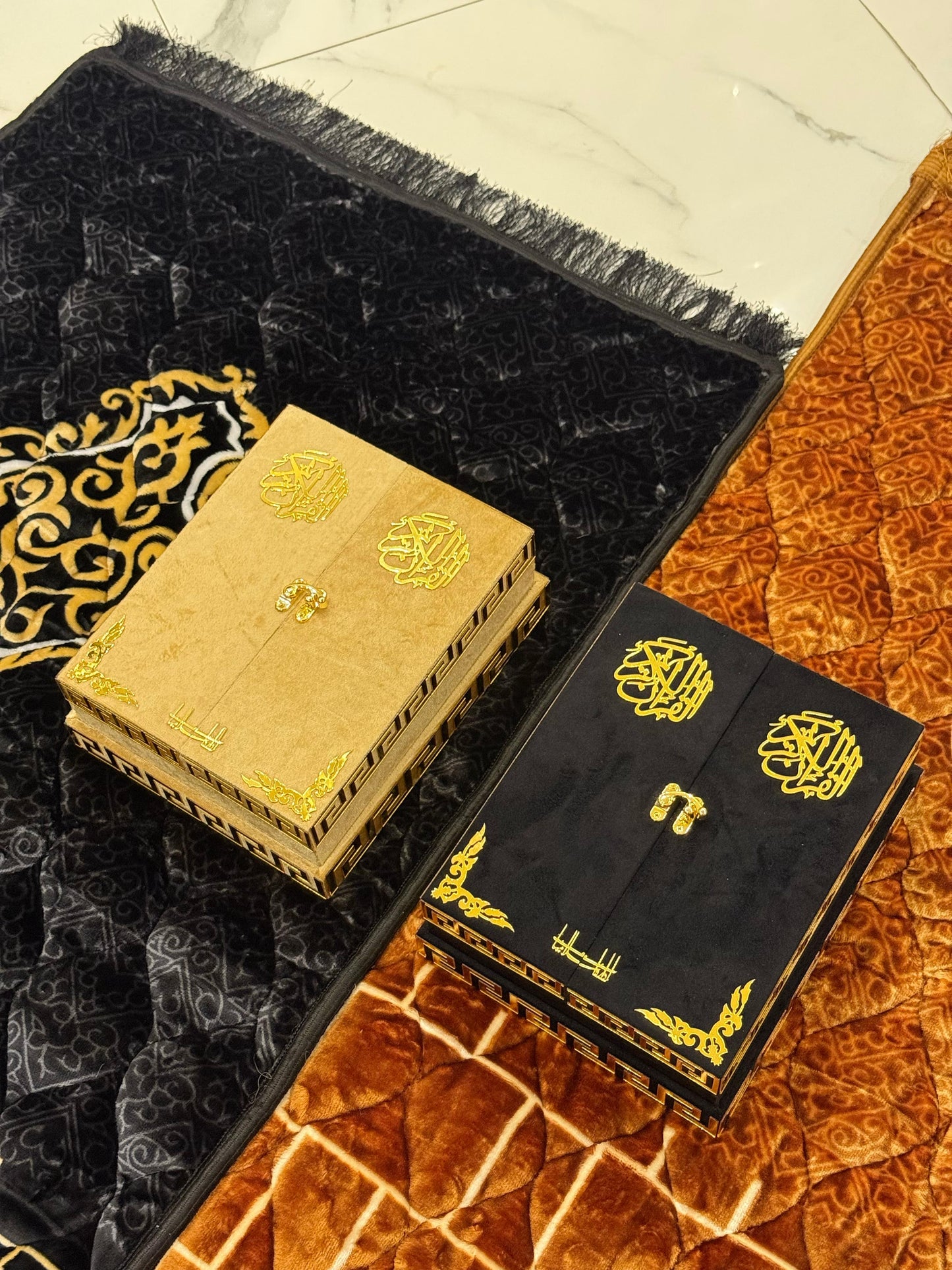 Al Kitab Black Velvet Standing Quran Set ,Standing Rahl Box , Velvet Quran , Counter Tasbeeh ,Matching Tabsbeeh , Bookmark , Matching Janamz , Customise Name