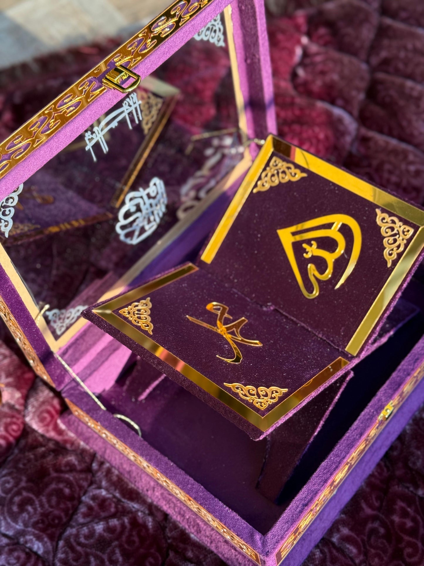 Ziwaj Purple Transparent Set ,Velvet Rahal, Velvet Box , Ittar , Tasbeeh , Counter , Prayer Mat