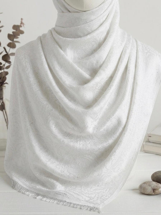 Fancy Self-Print Party Wear Scarf - Islamic Hijab | White