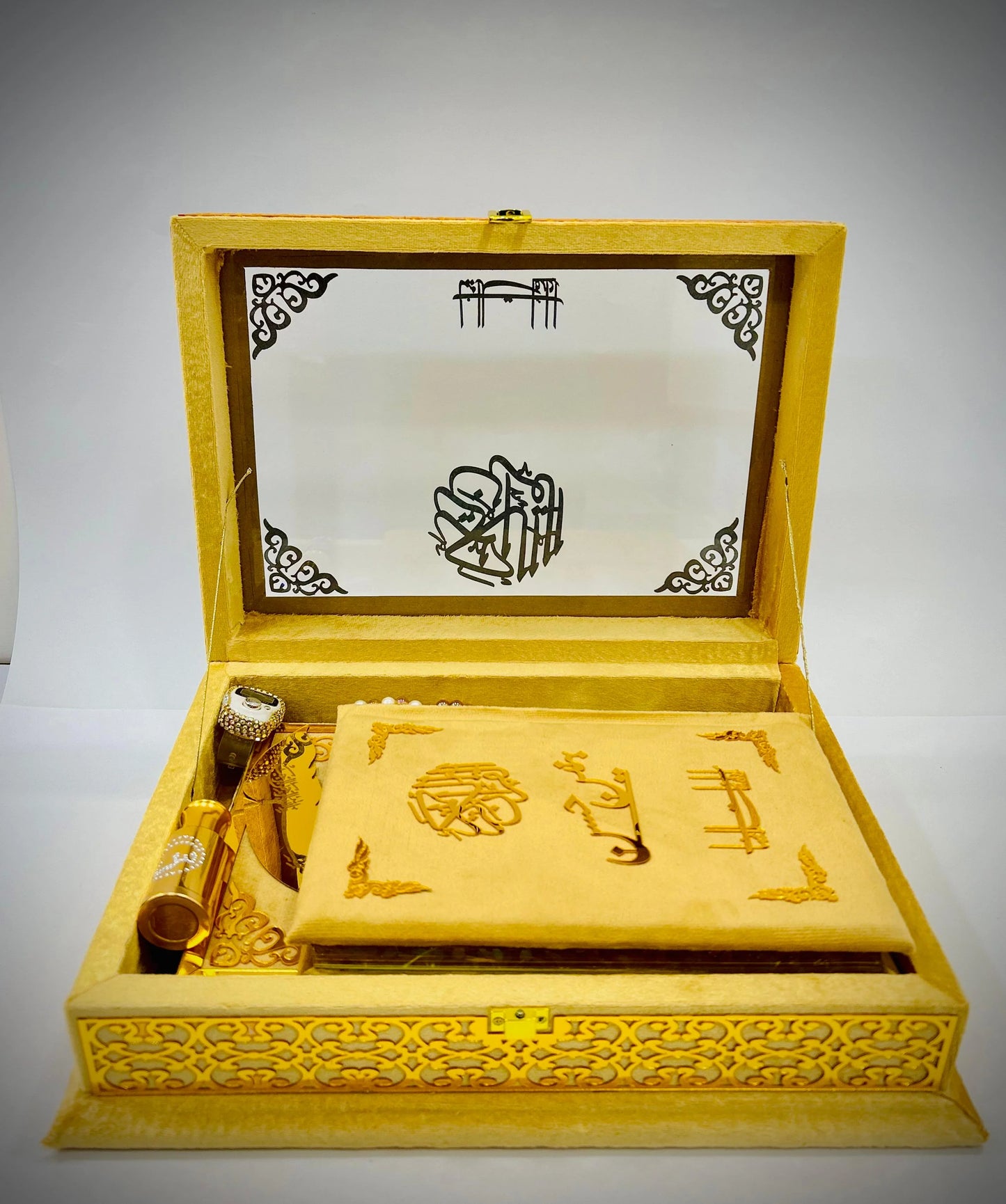 Ziwaj Golden Transparent Set ,Velvet Rahal, Velvet Box , Ittar , Tasbeeh , Counter , Prayer Mat