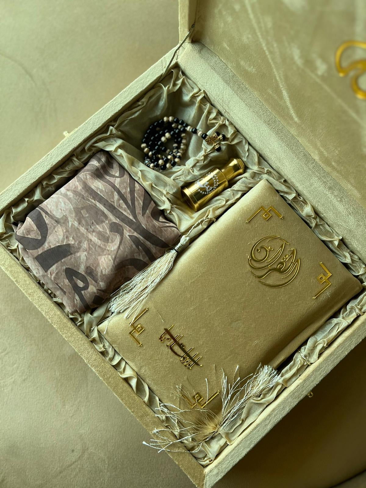 Tazkira Golden Quran Set with Matching Scarf , Gold Plated Tasbeeh , Ittar oud , Velvet Quran , Rahal Box Inclined and Prayer Mat
