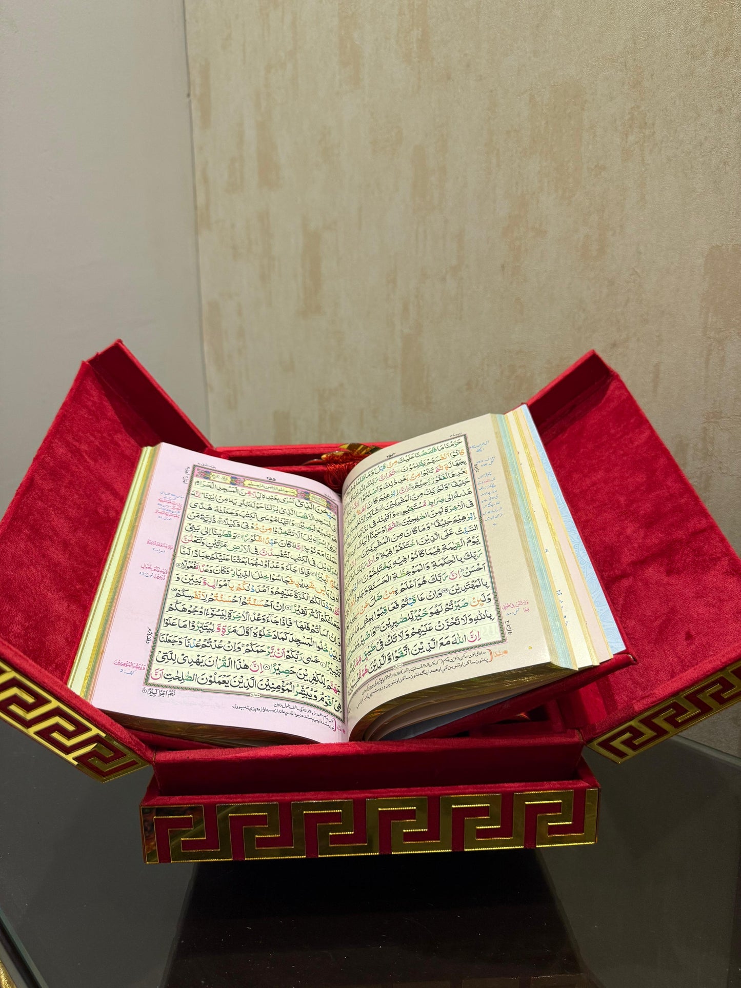 Al Kitab Red Bridal Quran Set , Standing Rahl Box , Velvet Quran , Counter Tasbeeh ,Matching Tabsbeeh , Bookmark , Matching Janamz , Customise Name