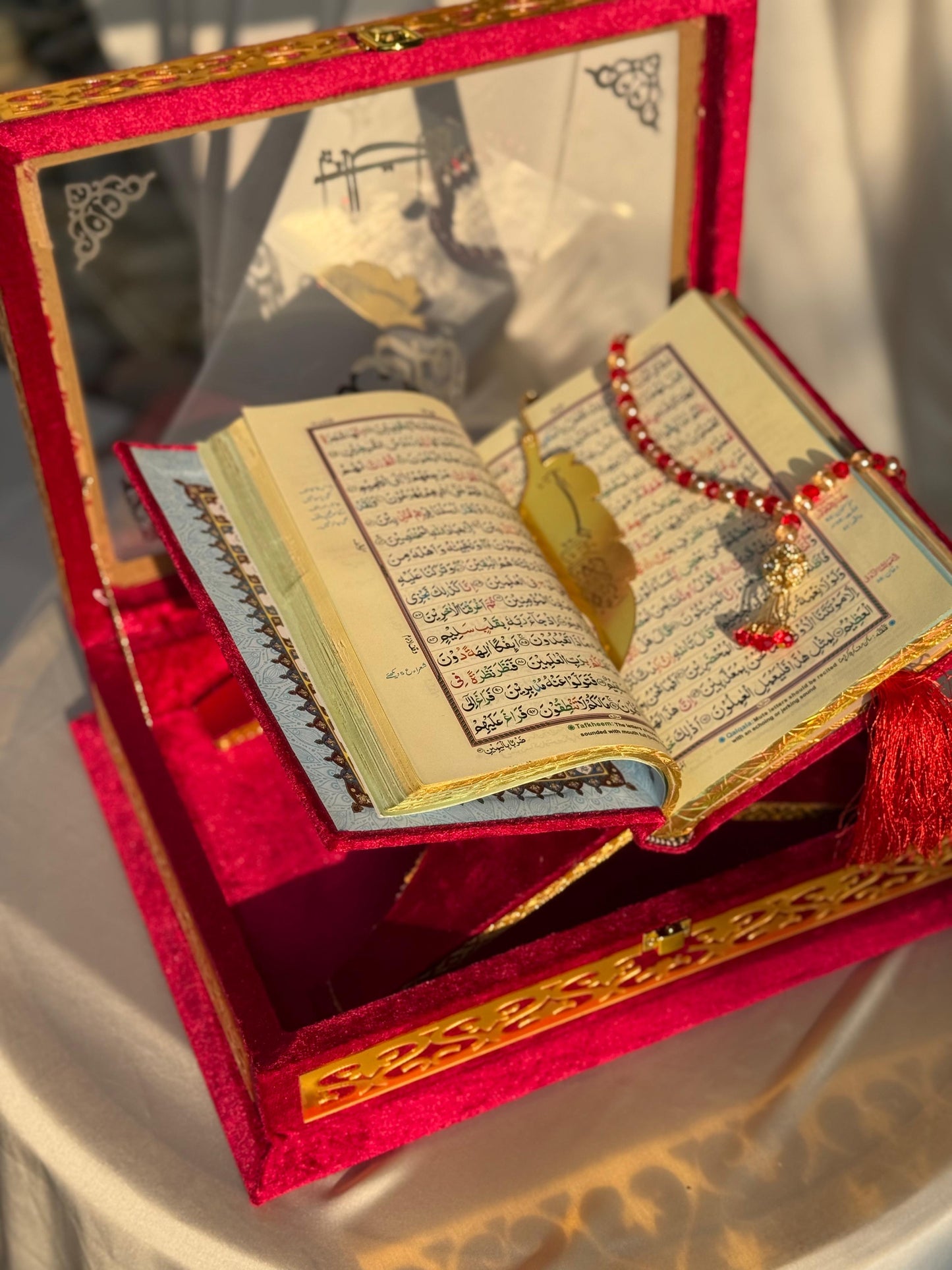 Ziwaj Quran Set , Transparent Bridal Velvet Red Quran Set , ittar , Tasbeeh , velvet Rahal , Counter Tasbeeh , Book Mark , Matching Janamz