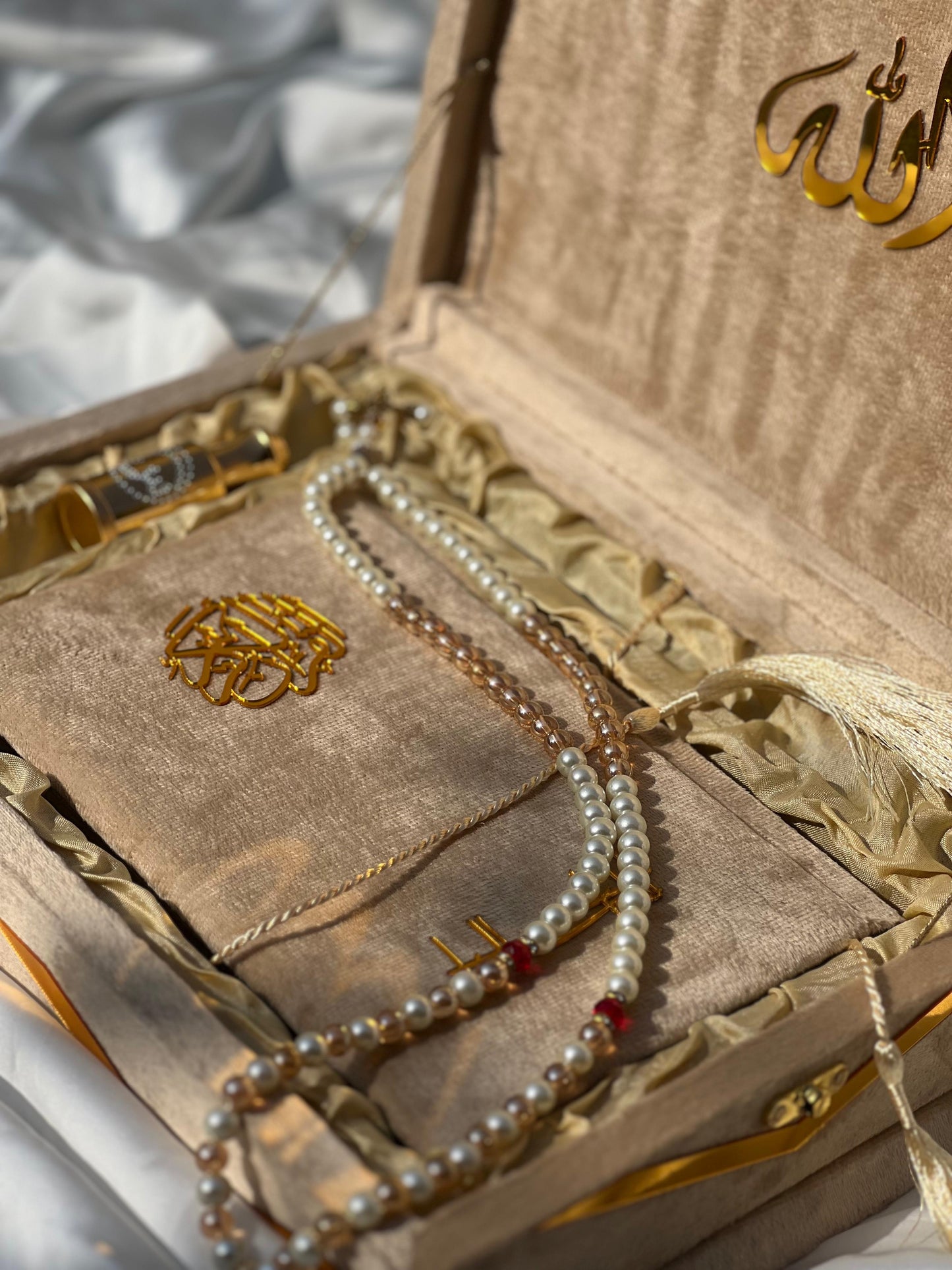 Golden Velvet Bridal Quran Set ( Ittar , Tasbeeh , Rahal box , Velvet Quran)