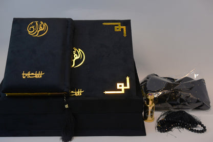 Black Velvet Tazkira Quran Set (Ittar , customise Tasbeeh Gold plated , scarf , Prayer Mat)
