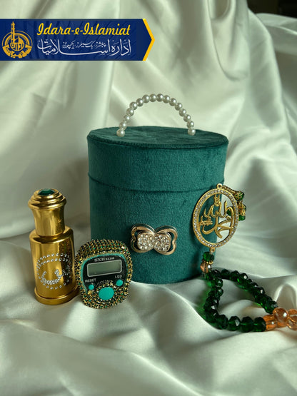 Velvet Tasbeeh box with ittar and Gold Plated Tasbeeh along with fancy counter