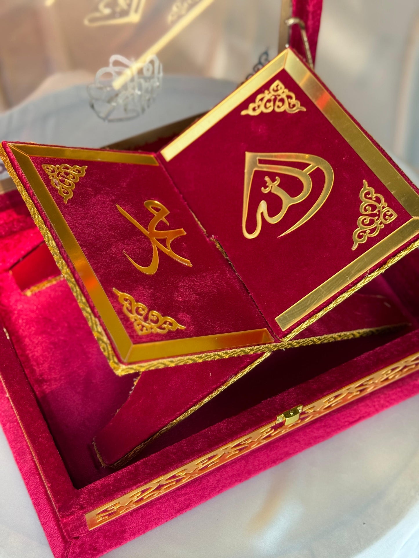 Ziwaj Quran Set , Transparent Bridal Velvet Red Quran Set , ittar , Tasbeeh , velvet Rahal , Counter Tasbeeh , Book Mark , Matching Janamz