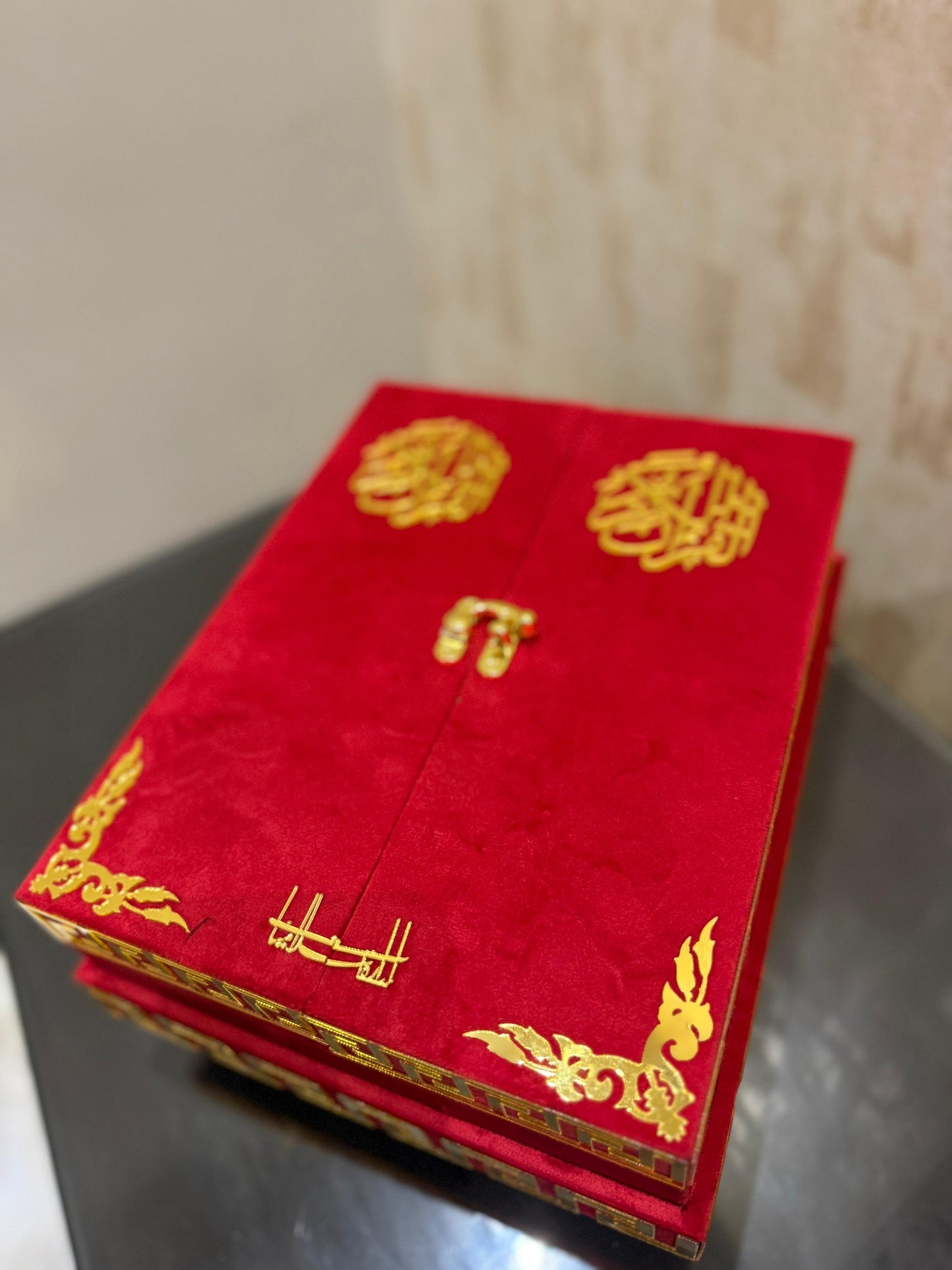 Al Kitab Red Bridal Quran Set , Standing Rahl Box , Velvet Quran , Counter Tasbeeh ,Matching Tabsbeeh , Bookmark , Matching Janamz , Customise Name