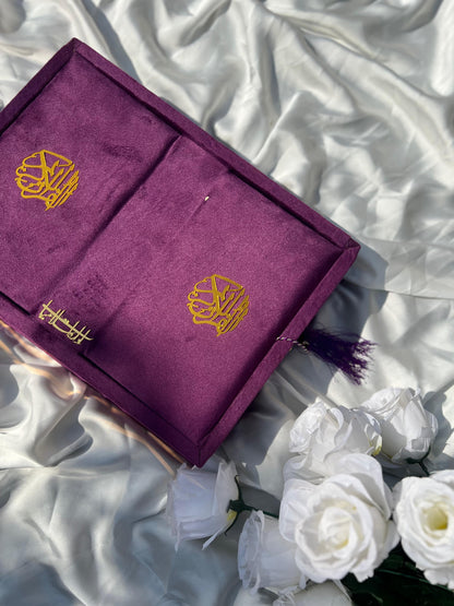 Purple Velvet Gift Quran Set ( Ittar , Matching Tasbeeh ,Rahal Box , Velvet Quran , Carton Box , Delivery Free)