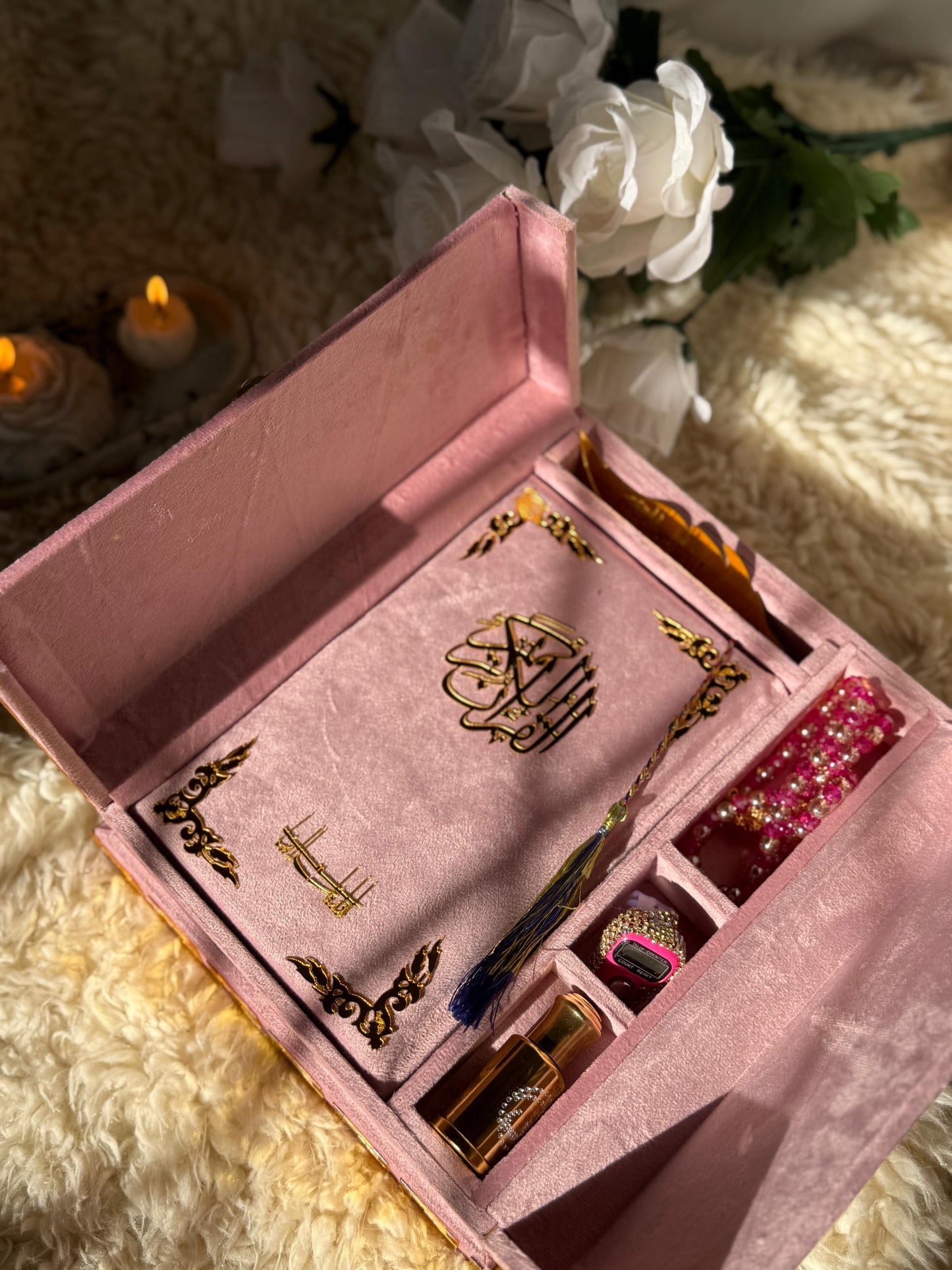 Al Kitab Pink Velvet Standing Quran Set